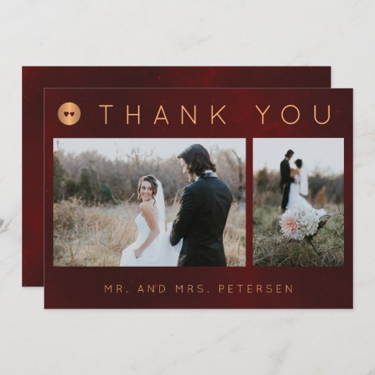 暗いブルゴーニュの金ゴールド冬の結婚式の写真コラージュ サンキューカード (正面/裏面)