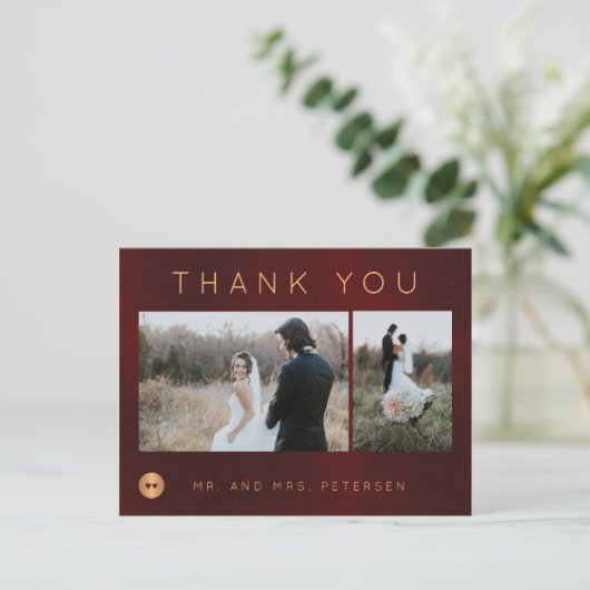 暗いブルゴーニュ金ゴールド冬のウェディング感謝してい写真あなた ポストカード (スタンド正面)