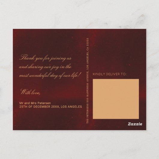 暗いブルゴーニュ金ゴールド冬のウェディング感謝してい写真あなた ポストカード (裏面)