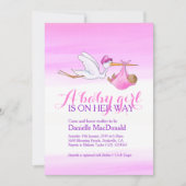 暗いベビーガールのベビーシャワー招待状でコウノトリ 招待状 (正面)