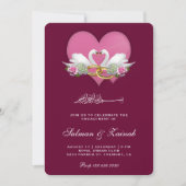 暗いマゼンタのロマンチックな白鳥のイスラム教の婚約 招待状 (正面)