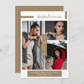 暗いミニマル金ゴールドと白い卒業写真 招待状 (正面/裏面)