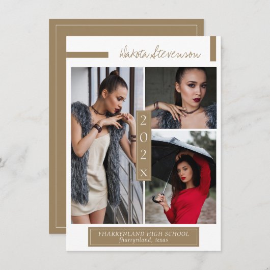 暗いミニマル金ゴールドと白い卒業写真 招待状 (正面/裏面)
