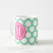 暗いミント及びモノグラムのなPink|の大きい水玉模様 コーヒーマグカップ (正面左)