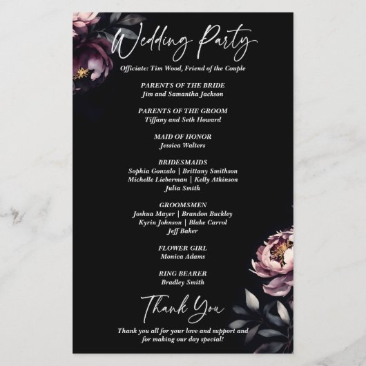 暗いムーディノワールのエレガントな結婚式プログラム (裏面)