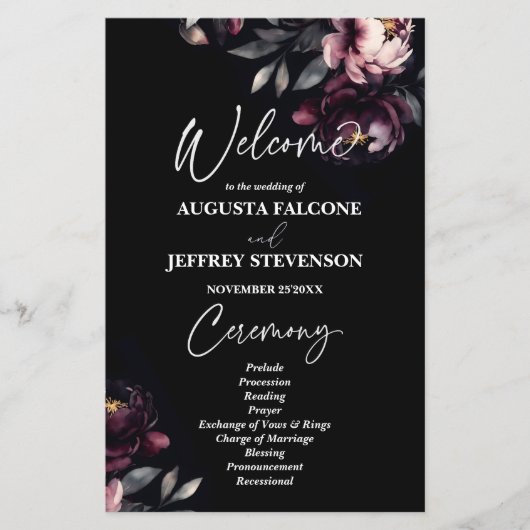 暗いムーディノワールのエレガントな結婚式プログラム (正面)