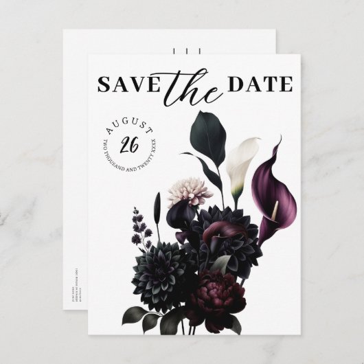 暗いムーディロマンチックなフローラ結婚式の日付を保存 案内ポストカード (正面/裏面)
