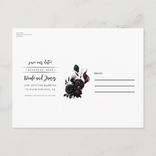 暗いムーディロマンチックなフローラ結婚式の日付を保存 案内ポストカード (裏面)