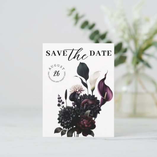 暗いムーディロマンチックなフローラ結婚式の日付を保存 案内ポストカード (スタンド正面)