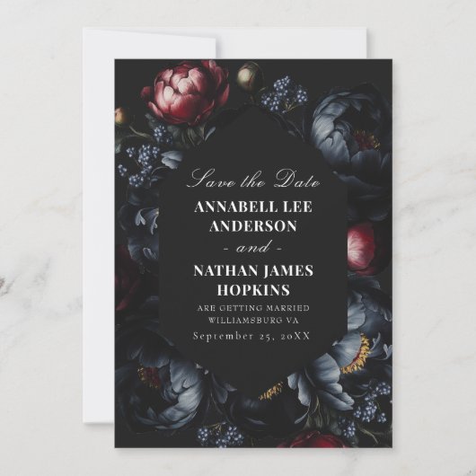 暗いムーディロマンチックな牡丹の結婚ゴシックの写真 セーブザデート (正面)