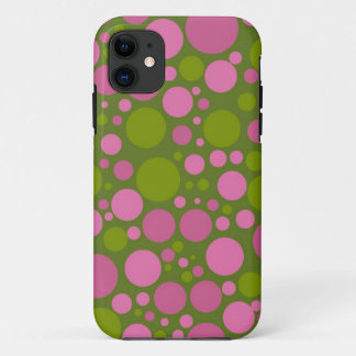 暗いモスグリーン及び暗いピンクの水玉模様 iPhone 11 ケース