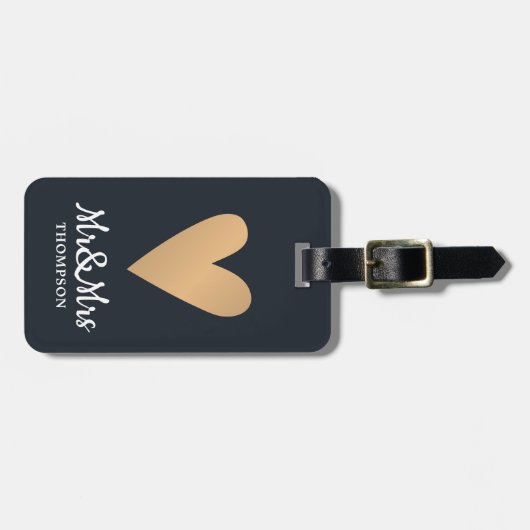 暗いモダンエレガント金ゴールドハートmr&Mrs ラゲッジタグ (正面横)