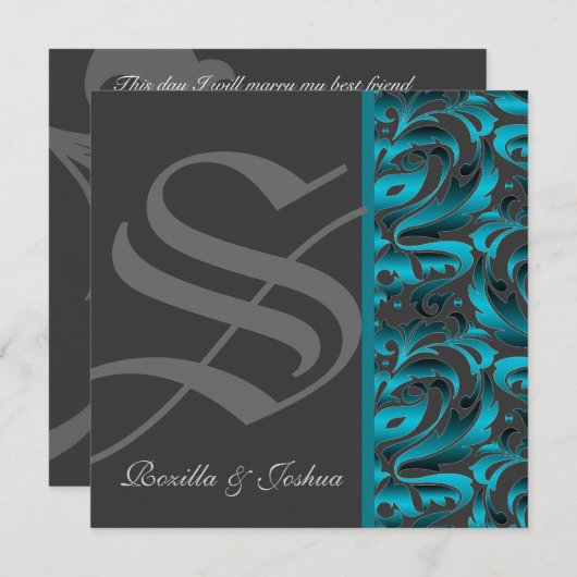 暗いモノグラムのティール(緑がかった色)のダマスク織の結婚式招待状 招待状 (正面/裏面)