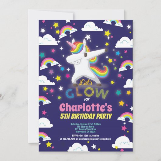 暗いユニコーンの誕生日の虹に輝く 招待状 (正面)