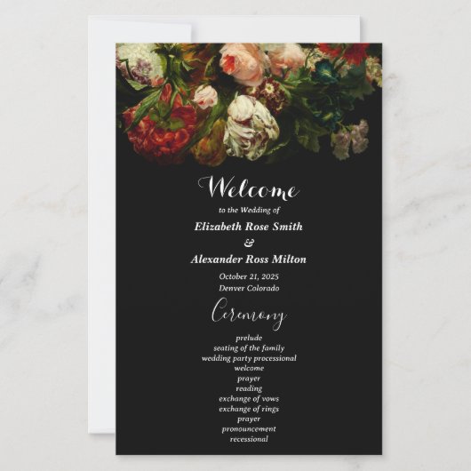 暗いロマンチックなエレガントフローラ結婚式プログラム (正面)