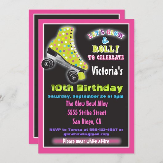暗いローラーのスケートで滑るパーティの招待状で輝く 招待状 (正面/裏面)