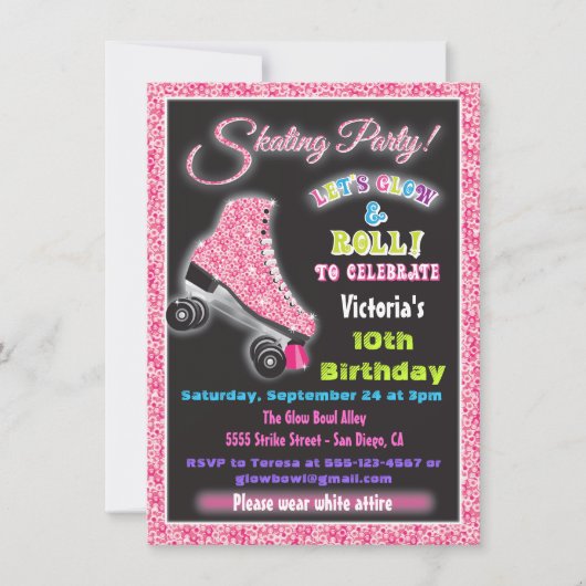 暗いローラーのスケートで滑るパーティの招待状で輝く 招待状 (正面)