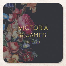 暗いヴィンテージパーソナライズされたフローラ結婚のコースター スクエアペーパーコースター