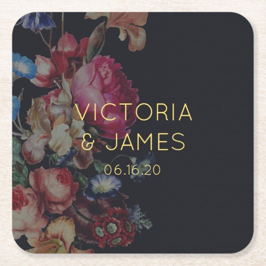 暗いヴィンテージパーソナライズされたフローラ結婚のコースター スクエアペーパーコースター (正面)