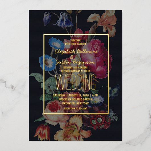 暗いヴィンテージフローラ結婚式招待状 箔招待状 (正面)