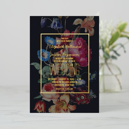 暗いヴィンテージフローラ結婚式招待状 箔招待状 (立ち正面)