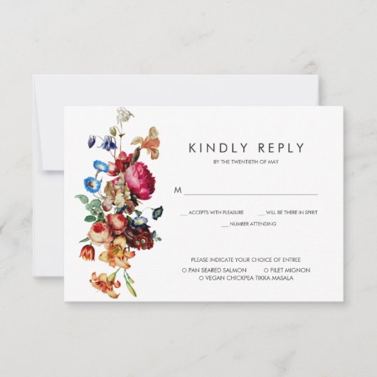 暗いヴィンテージフローラ結婚式RSVPと食事の選択 出欠カード (正面)