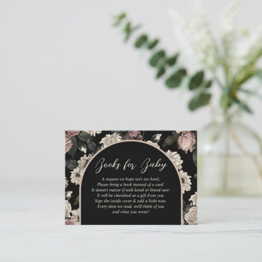 暗いヴィンテージフローラ赤ちゃんシャワーブックリクエスト エンクロージャーカード (スタンド正面)