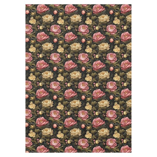 暗いヴィンテージ牡丹フローラ パターン（の模様が）ある テーブルクロス (正面)