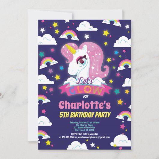 暗い一角獣の誕生日の招待に光を浴びる 招待状 (正面)