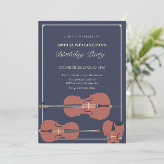 暗い上品なバイオリンのチェロのクラシカル誕生日 招待状 (スタンド正面)
