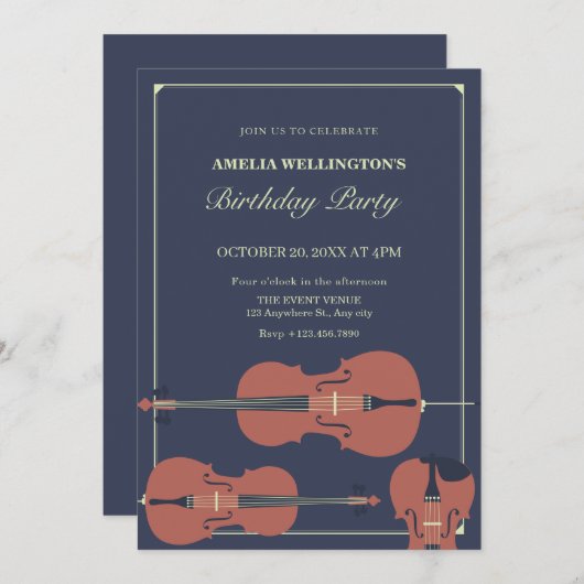 暗い上品なバイオリンのチェロのクラシカル誕生日 招待状 (正面/裏面)