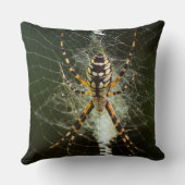 暗い中のくもの巣上の黄色の庭のクモ クッション (裏面)