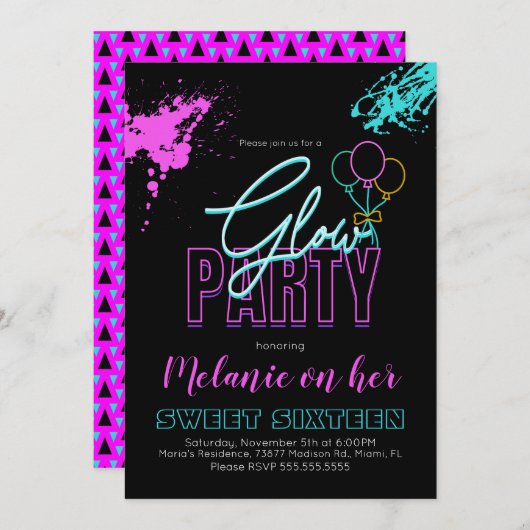 暗い光の中で甘い16ネオンの輝絵を描き 招待状 (正面/裏面)