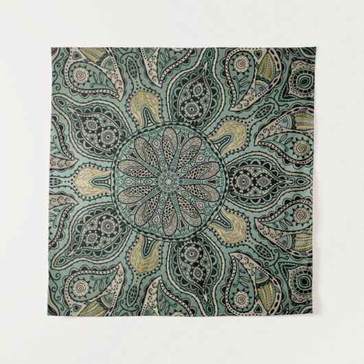 暗い地球の調子の緑金ゴールドのインドのタペストリーの曼荼羅 タペストリー (正面(横))