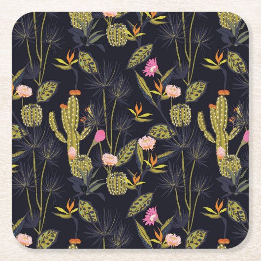 暗い夏の夜のサボテンパターン スクエアペーパーコースター (正面)