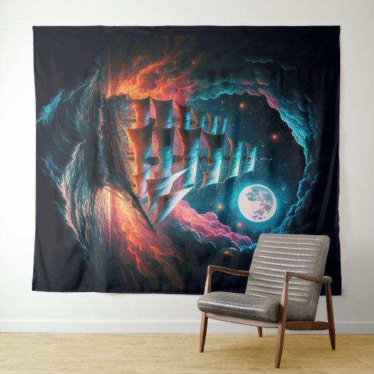 暗い夜の夢のオデッセイで航行する背の高い船 タペストリー (インサイチュ(横))