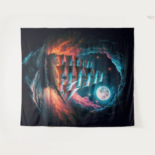 暗い夜の夢のオデッセイで航行する背の高い船 タペストリー (正面(横))