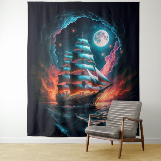 暗い夜の夢のオデッセイで航行する背の高い船 タペストリー (インサイチュ)