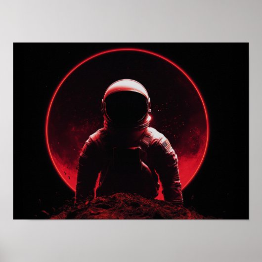 暗い太陽と赤い惑星に立つ宇宙飛行士のシルエット ポスター (正面)