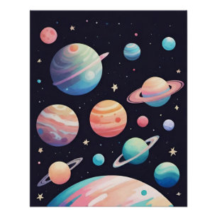 暗い宇宙のパステルカラー惑星 ポスター