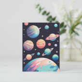 暗い宇宙のパステルカラー惑星 ポストカード (スタンド正面)