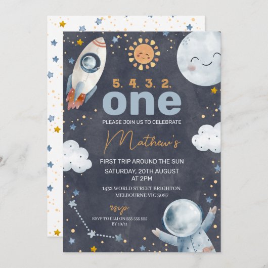 暗い宇宙の最初ののまわりに旅は太陽の最初の誕生日 招待状 (正面/裏面)