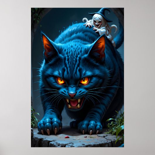 暗い幻想的な設定の邪悪な魔女と巨大な青い猫 ポスター (正面)