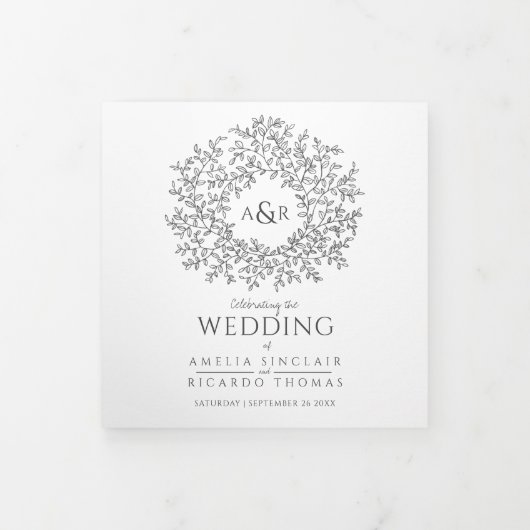 暗い木炭グレーのモノグラムのアート愛の物語結婚の物語 三つ折りプログラム (カバー)