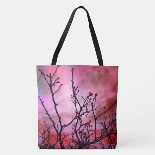暗い枝の赤い芽と炎の空 トートバッグ (正面)