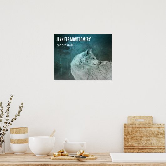 暗い森の中で美しい灰色の狼 ポスター (キッチン)