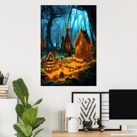 暗い森の中のジンジャーブレッド村 | AI Art ポスター (ホームオフィス)