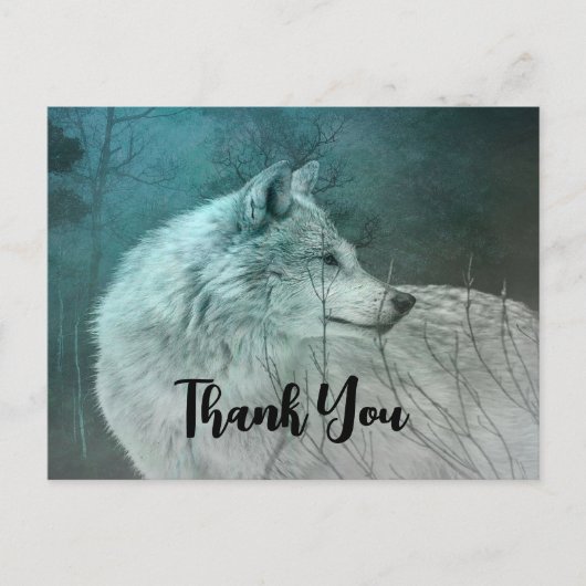 暗い森の中の美しい灰色の狼ありがとう ポストカード (正面)