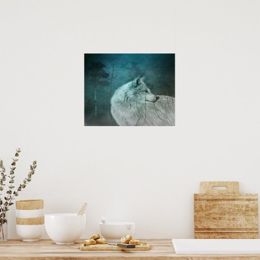 暗い森の中の美しい灰色の狼 ポスター (キッチン)