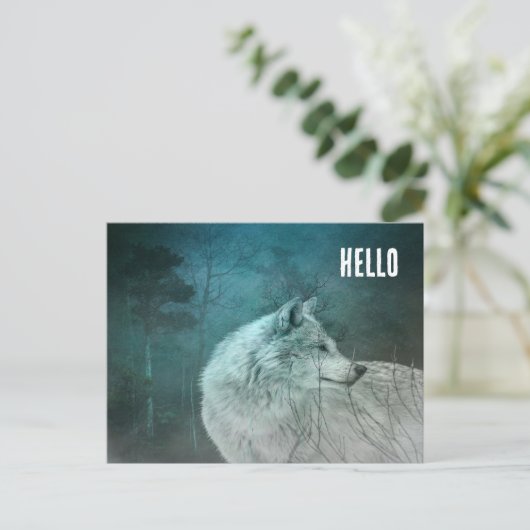 暗い森の中の美しい灰色の狼 ポストカード (スタンド正面)